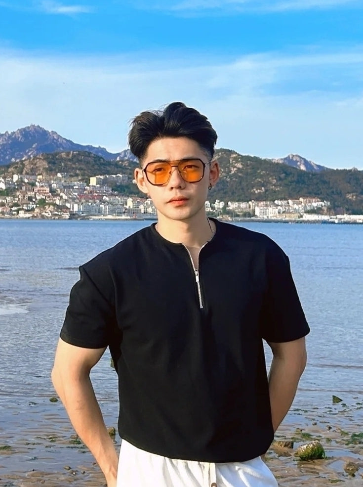 Black Half-Zip Casual T-Shirt