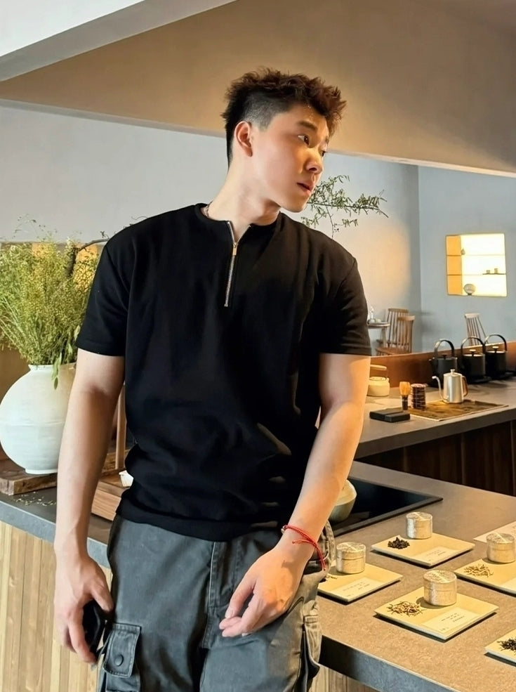 Black Half-Zip Casual T-Shirt