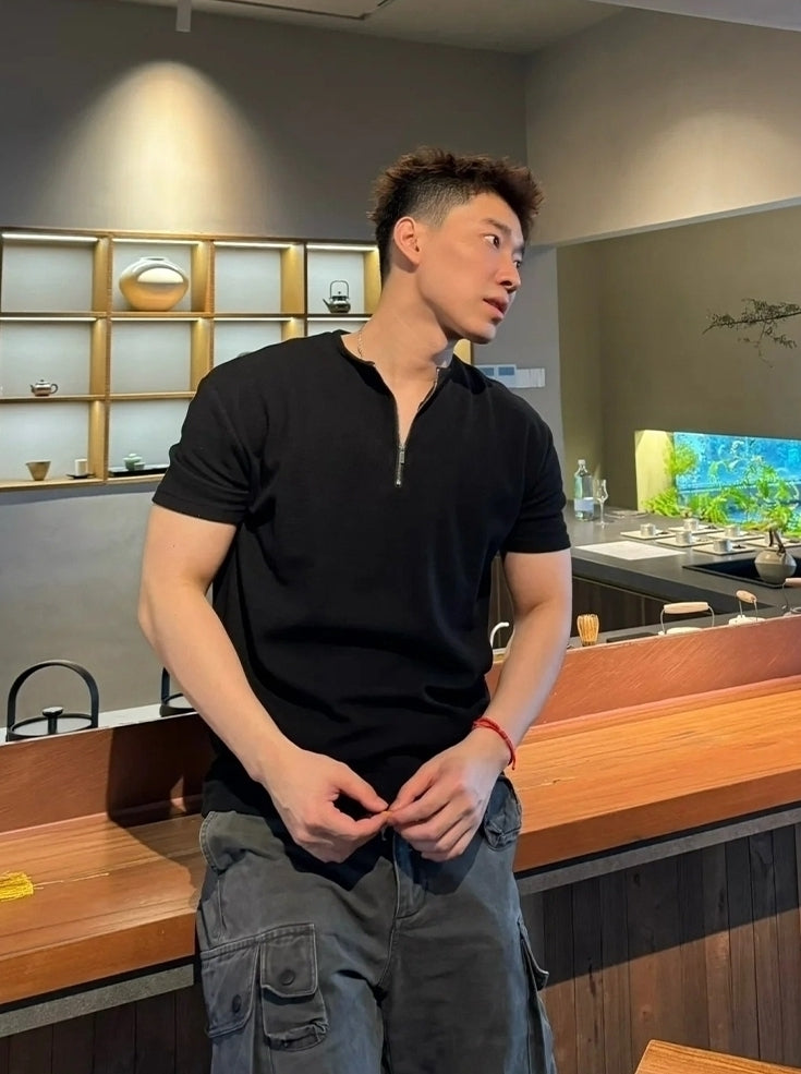 Black Half-Zip Casual T-Shirt