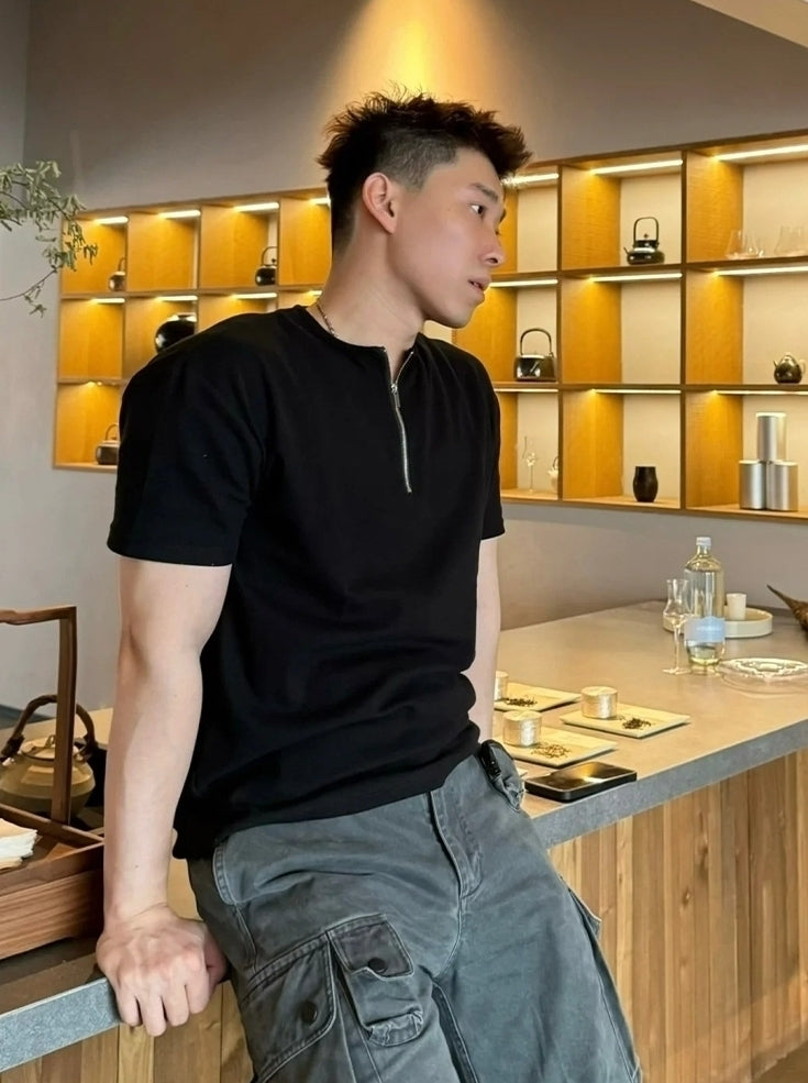 Black Half-Zip Casual T-Shirt