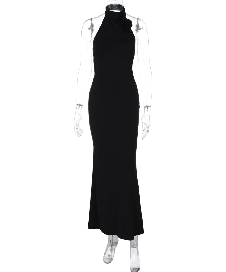 Black Halter Flower Bodycon Dress
