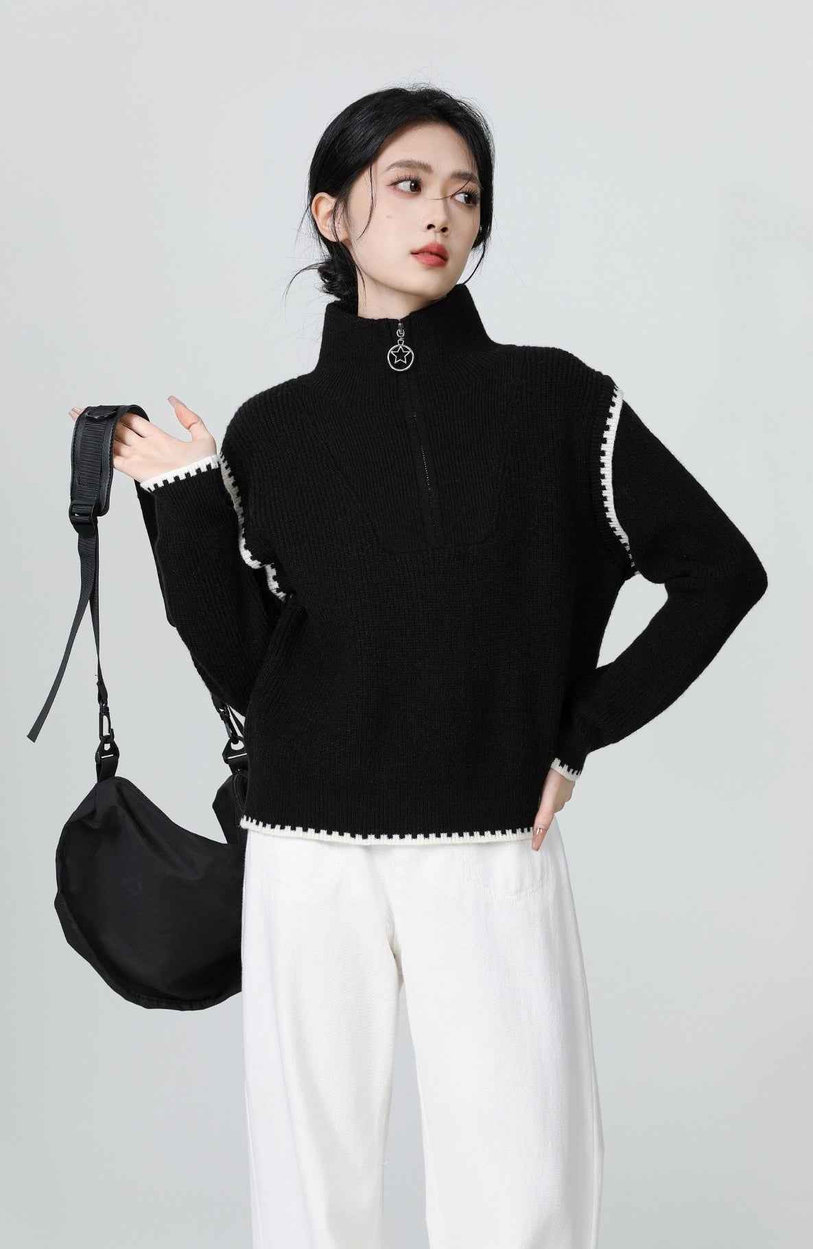 Black High Neck Halfzip Knit Sweater