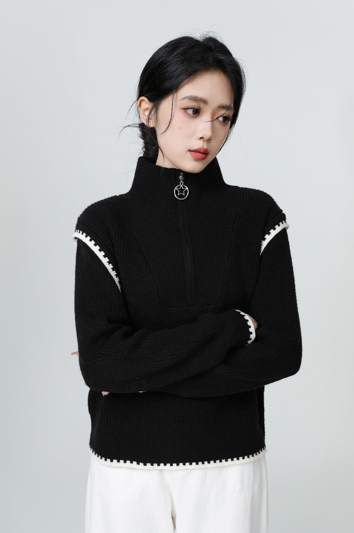Black High Neck Halfzip Knit Sweater