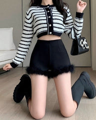 Black High-Waist Faux Fur Hem Short