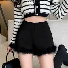 Black High-Waist Faux Fur Hem Short