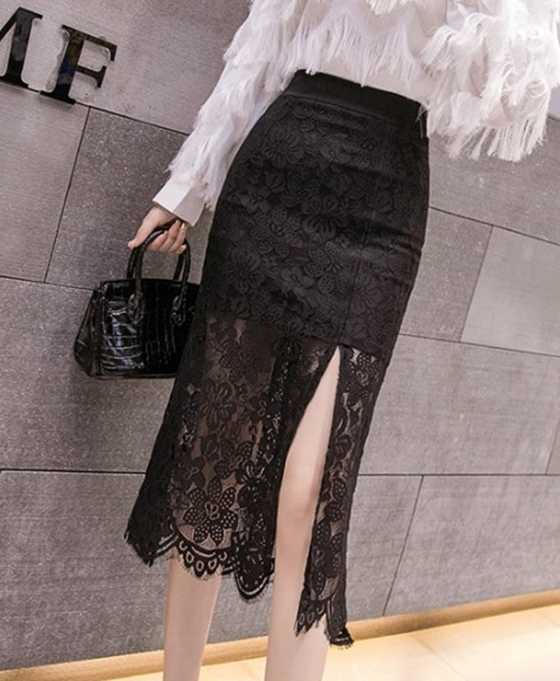 Black High-Waist Lace Skirt