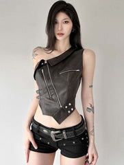 Black Irregular Faux Leather One Shoulder Crop Top