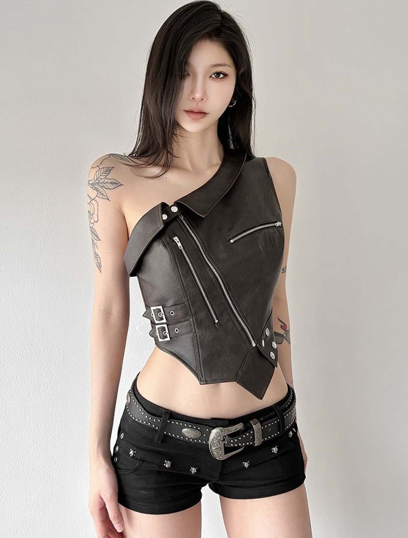 Black Irregular Faux Leather One Shoulder Crop Top