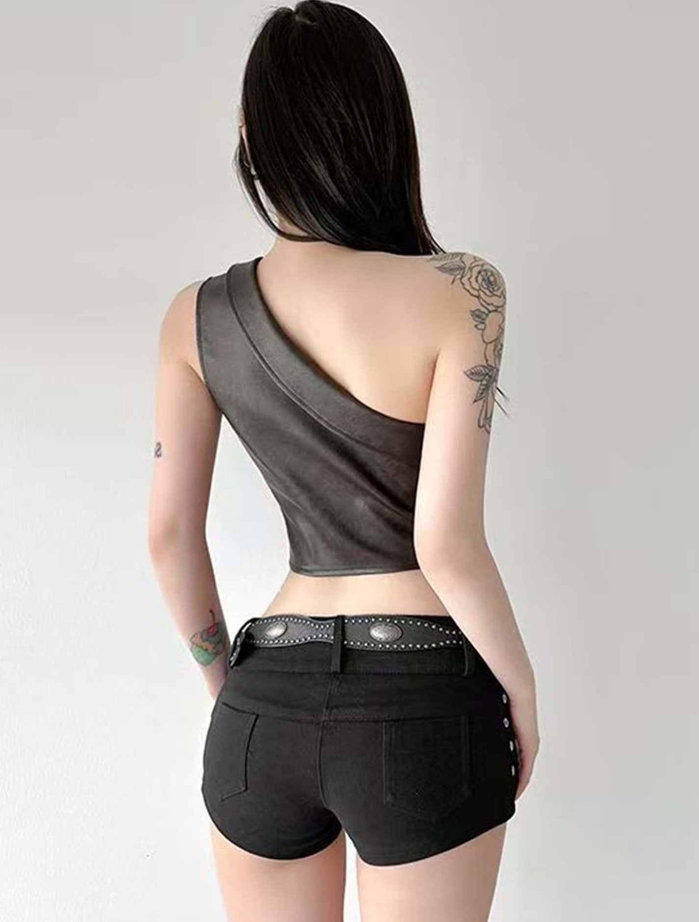 Black Irregular Faux Leather One Shoulder Crop Top