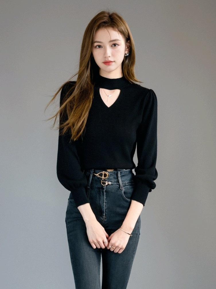 Black Knit High Neck Top Winter Chic Hollow Out Slim Fit Innerwear