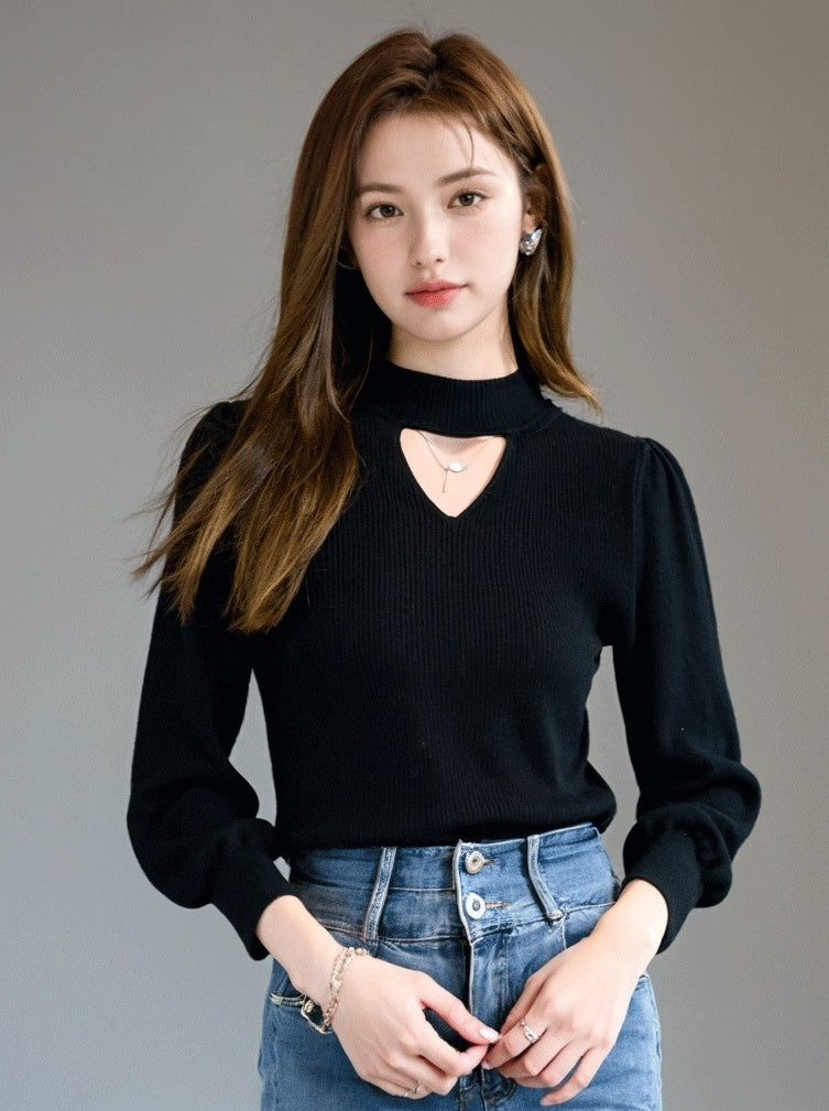 Black Knit High Neck Top Winter Chic Hollow Out Slim Fit Innerwear