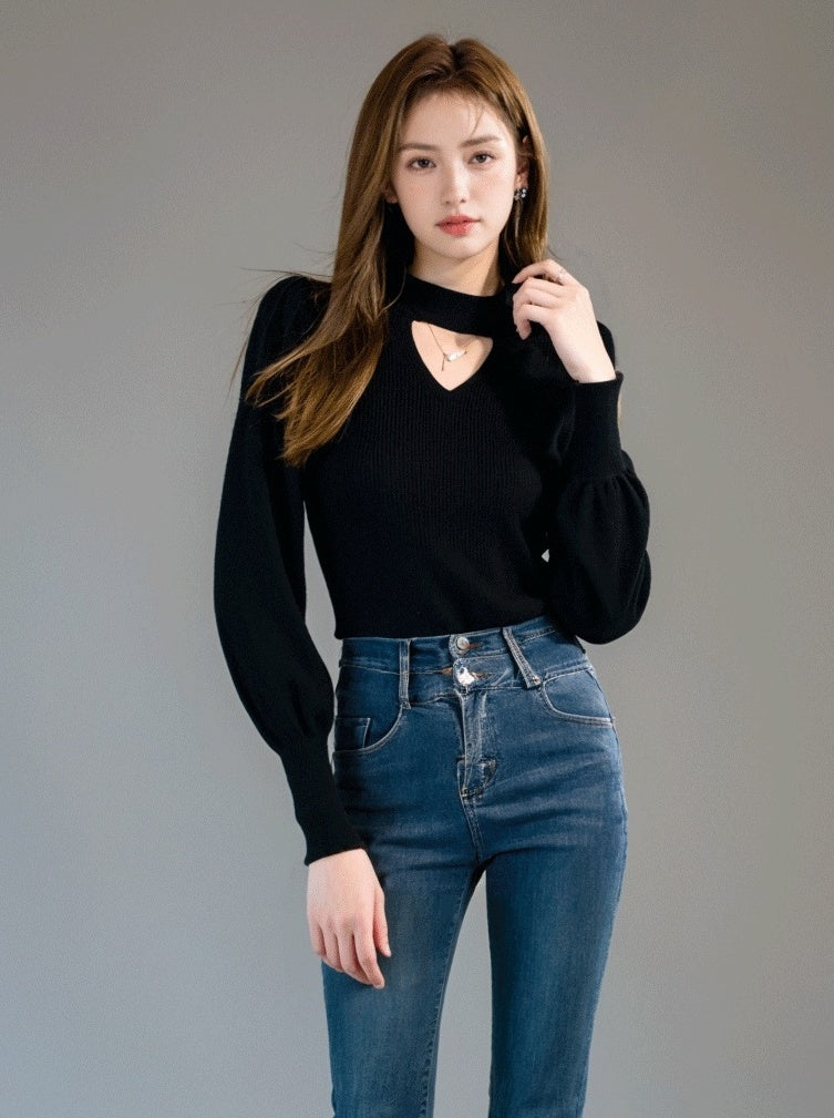Black Knit High Neck Top Winter Chic Hollow Out Slim Fit Innerwear