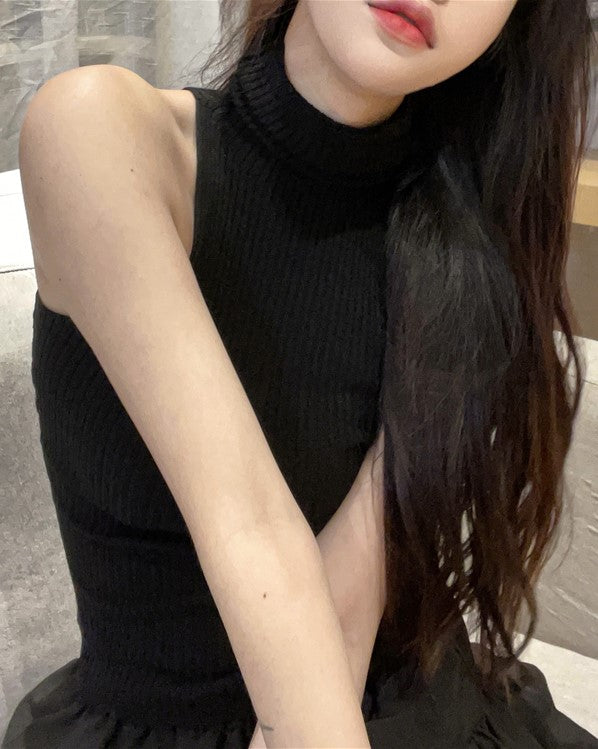 Black Knitted Halter Turtleneck Top