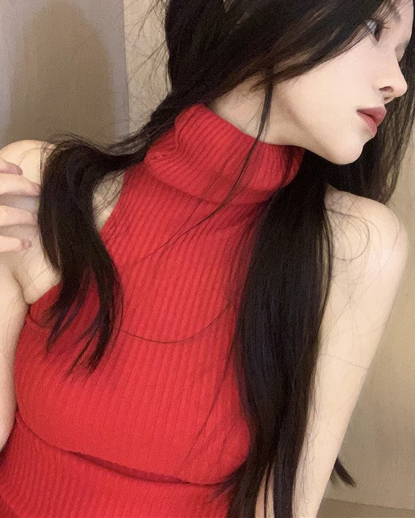 Black Knitted Halter Turtleneck Top