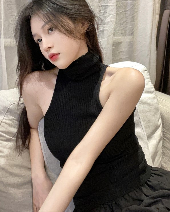 Black Knitted Halter Turtleneck Top