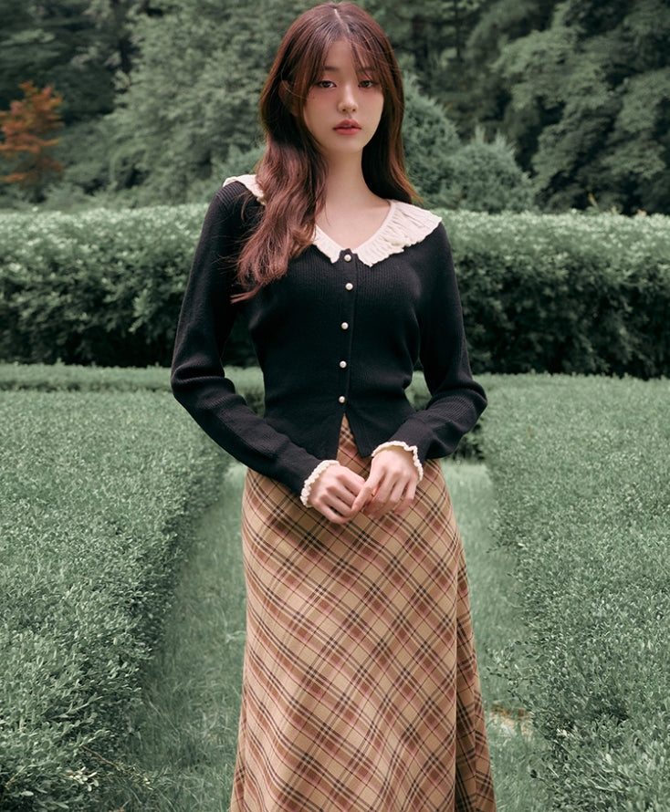 Black Lace Collar Buttons Cardigan