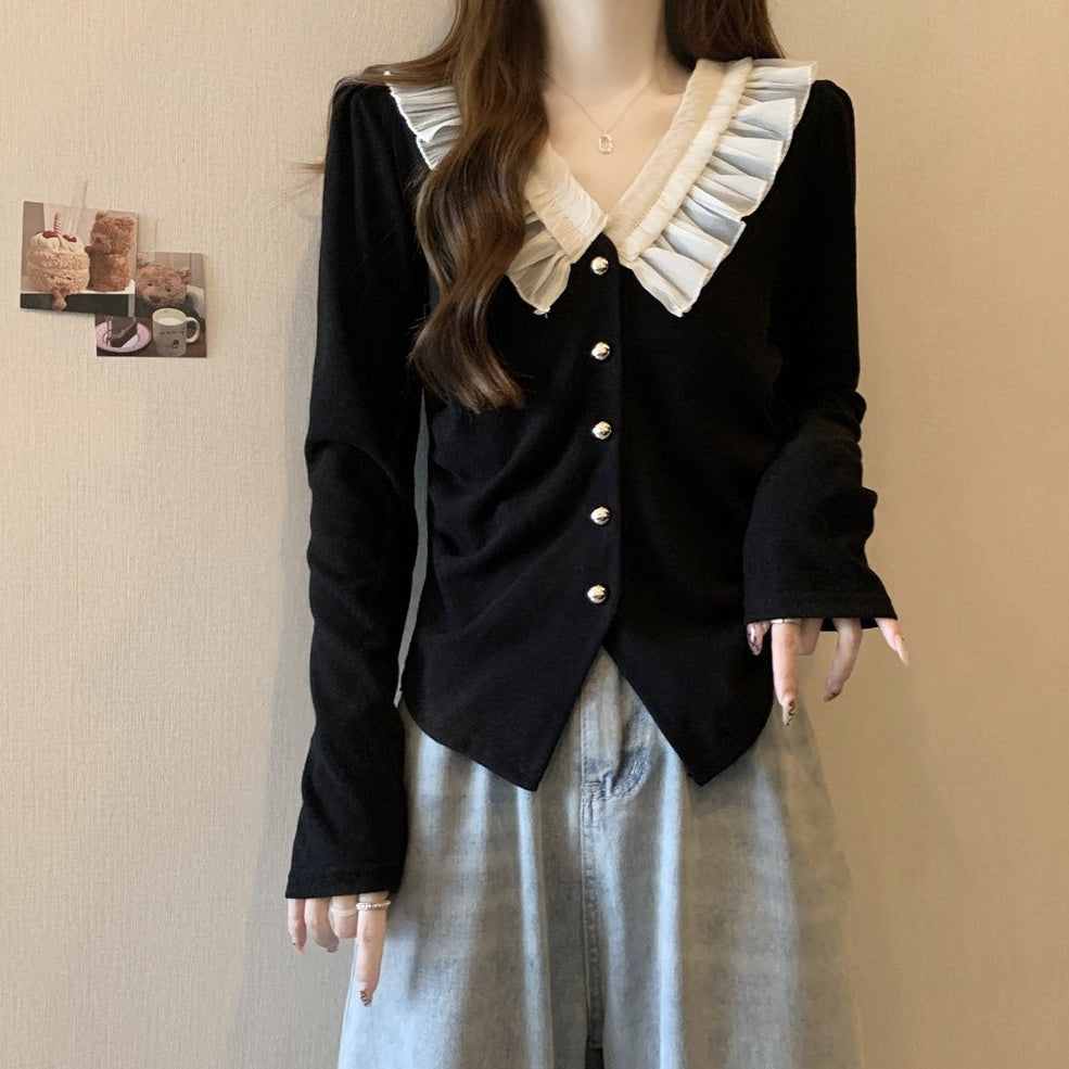 Black Lace Collar Buttons Cardigan