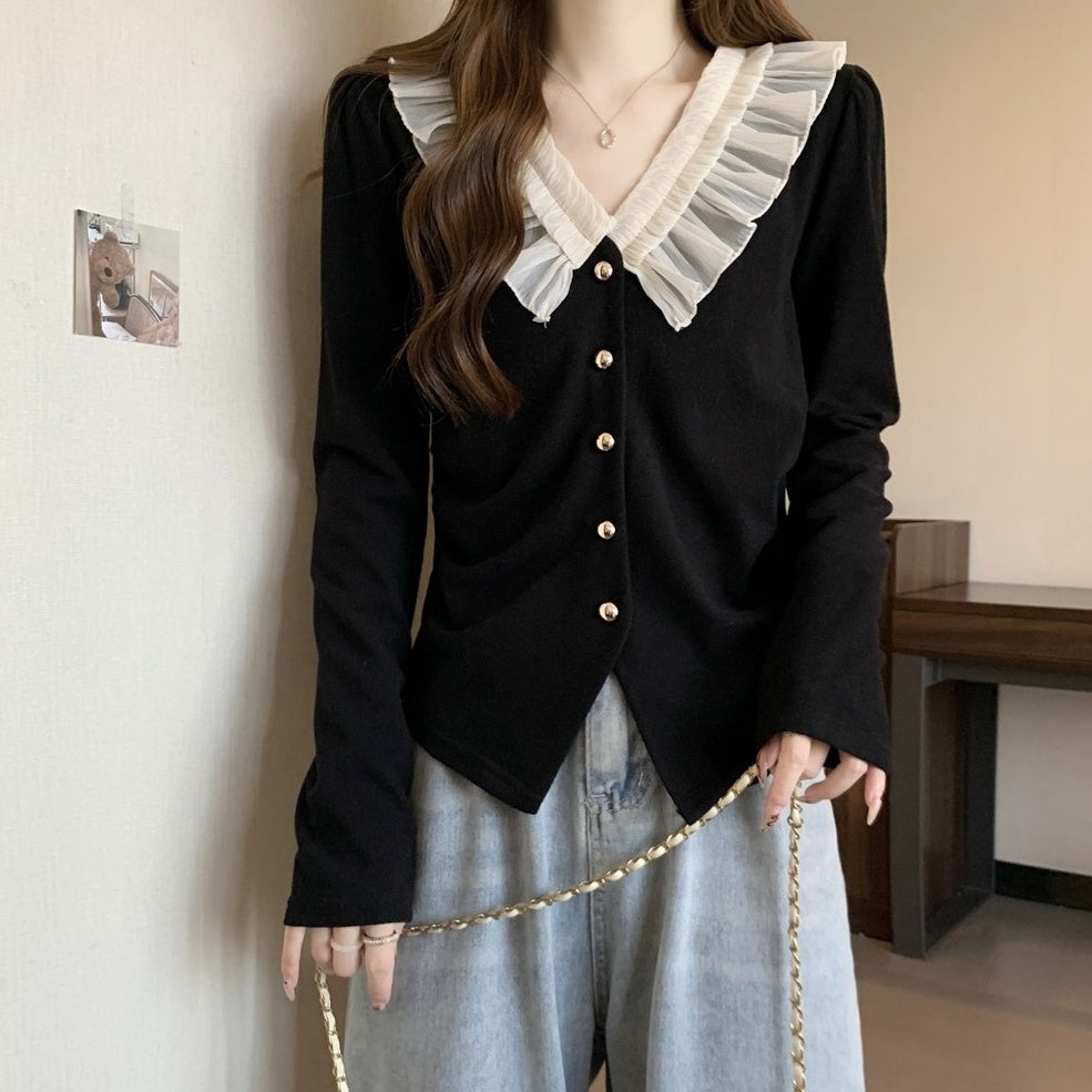 Black Lace Collar Buttons Cardigan