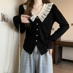 Black Lace Collar Buttons Cardigan