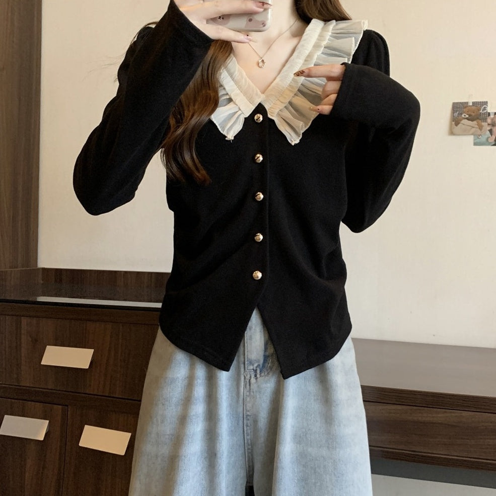 Black Lace Collar Buttons Cardigan