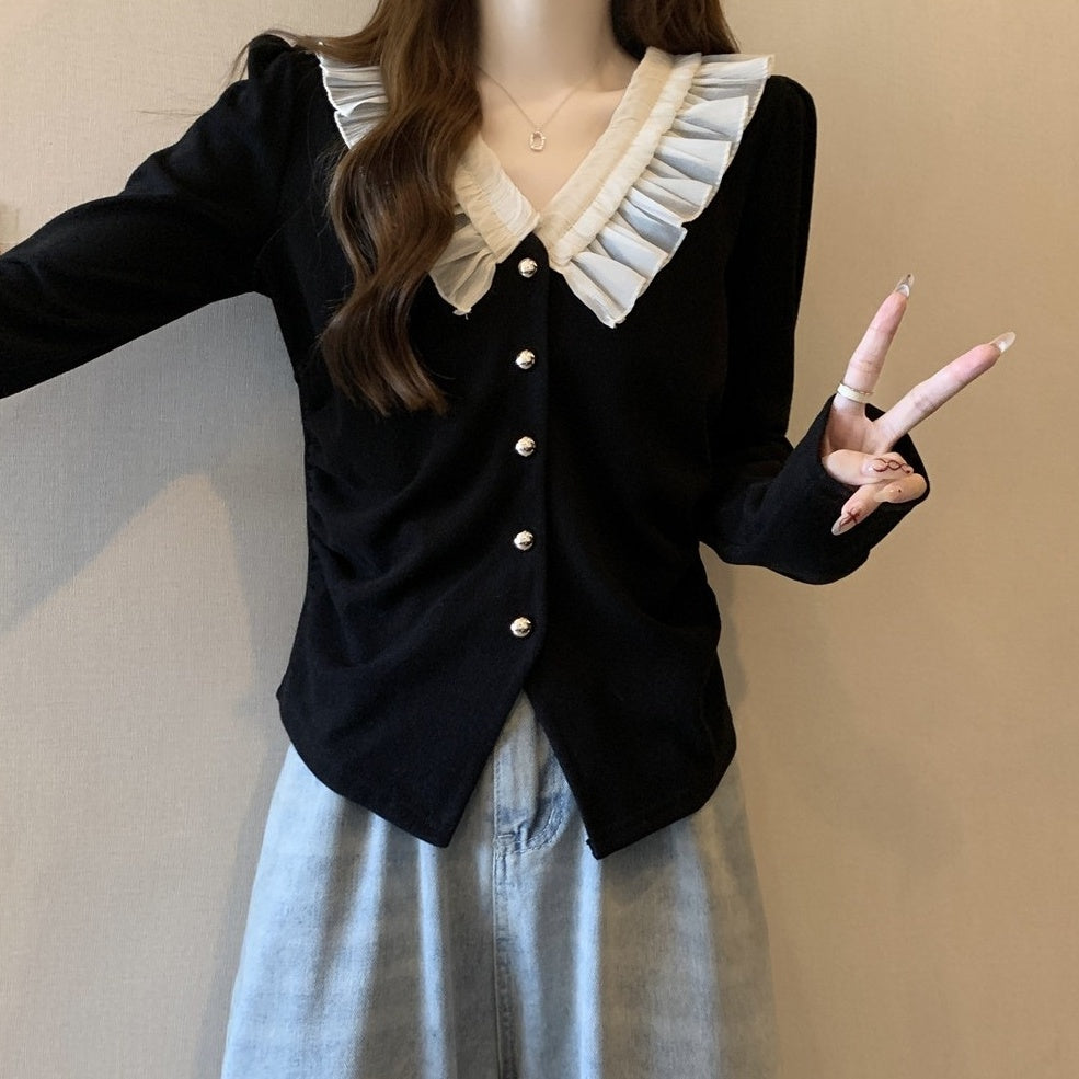Black Lace Collar Buttons Cardigan