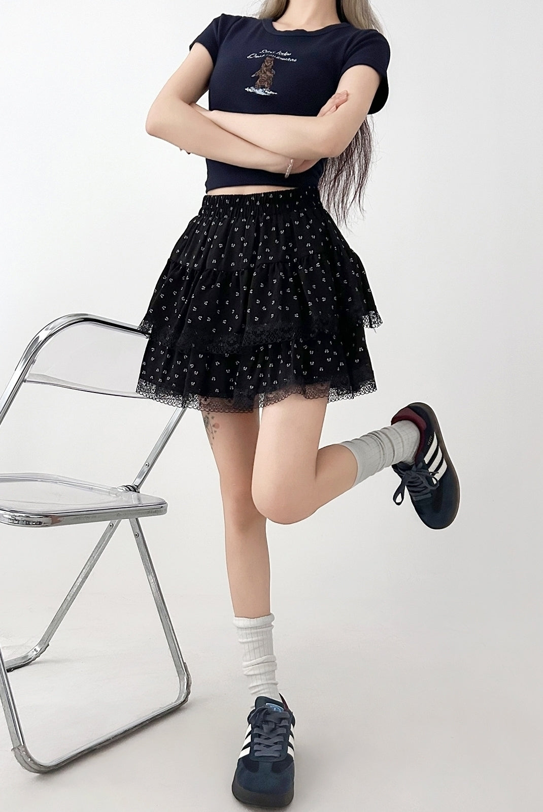 Black Lace Floral Ruffle High Waist Skirt