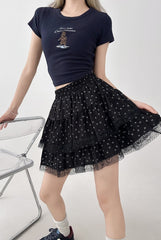 Black Lace Floral Ruffle High Waist Skirt