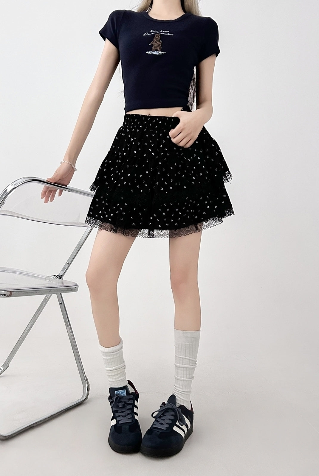 Black Lace Floral Ruffle High Waist Skirt