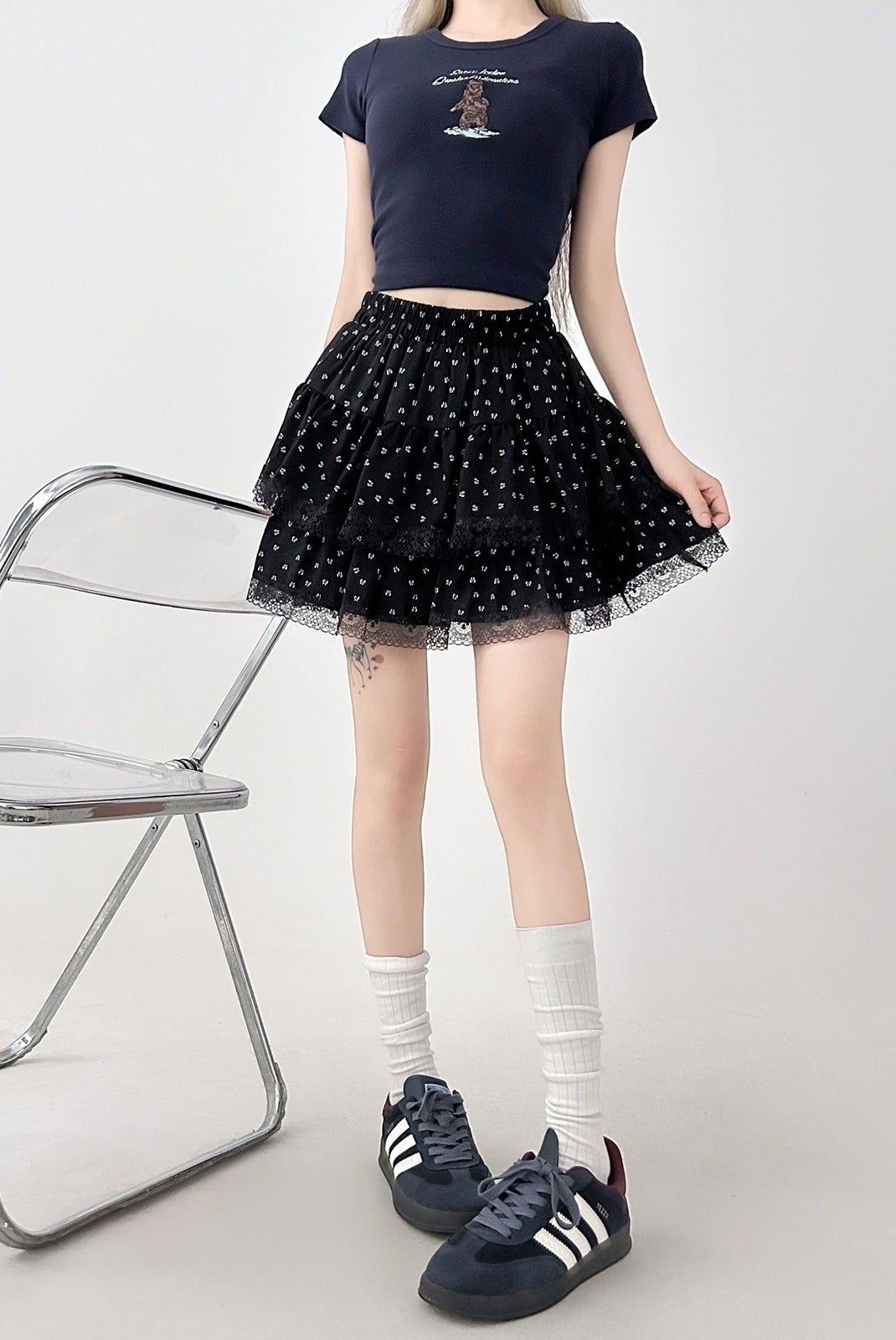 Black Lace Floral Ruffle High Waist Skirt