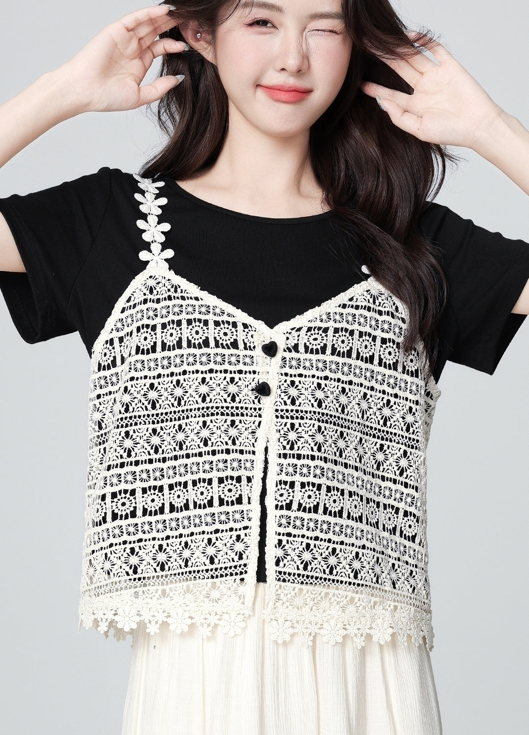 Black Lace Layered Short Sleeve Crop Top Set