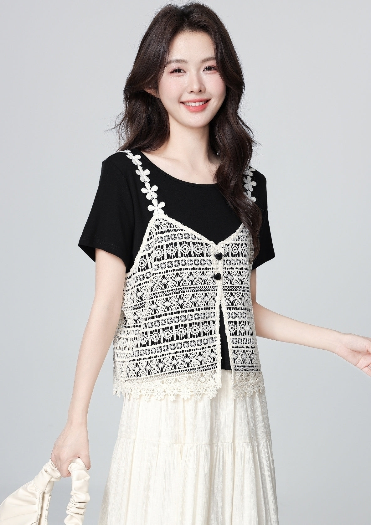 Black Lace Layered Short Sleeve Crop Top Set