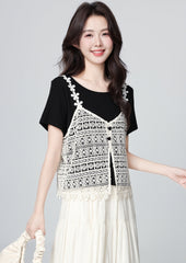 Black Lace Layered Short Sleeve Crop Top Set