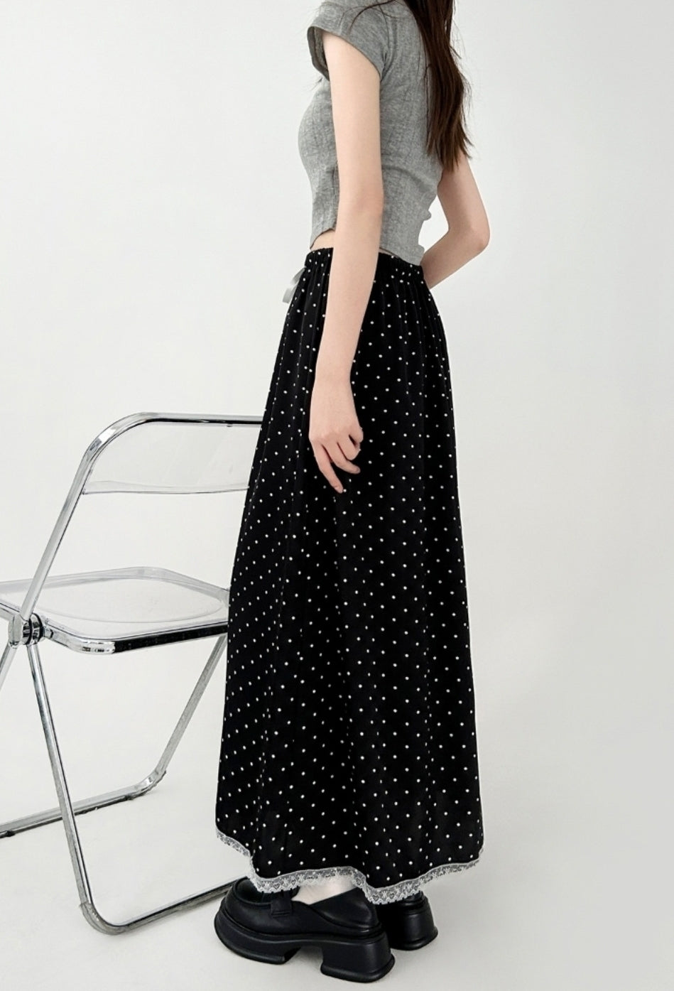 Black Lace Polka Dot Chiffon A Line Skirt