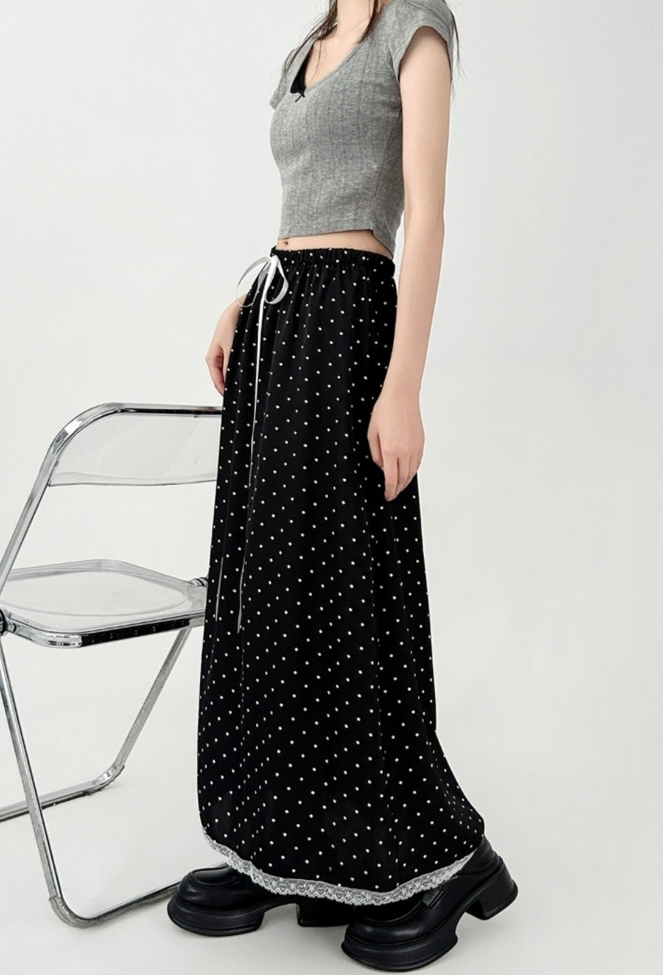 Black Lace Polka Dot Chiffon A Line Skirt