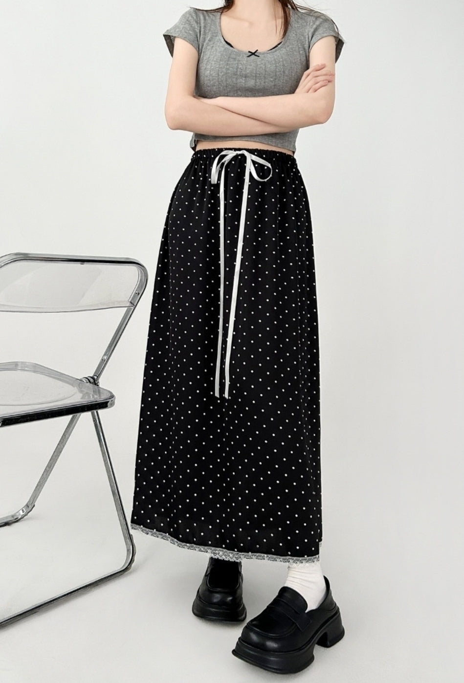 Black Lace Polka Dot Chiffon A Line Skirt
