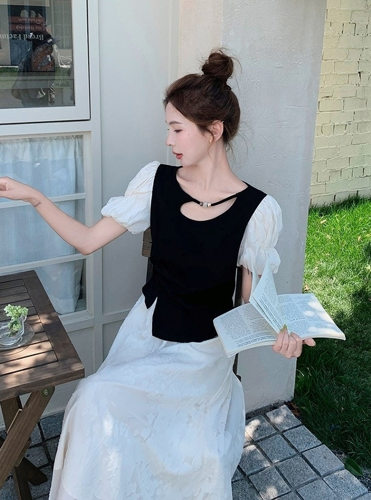 Black Lace Puff Sleeve Top And Skirt Set