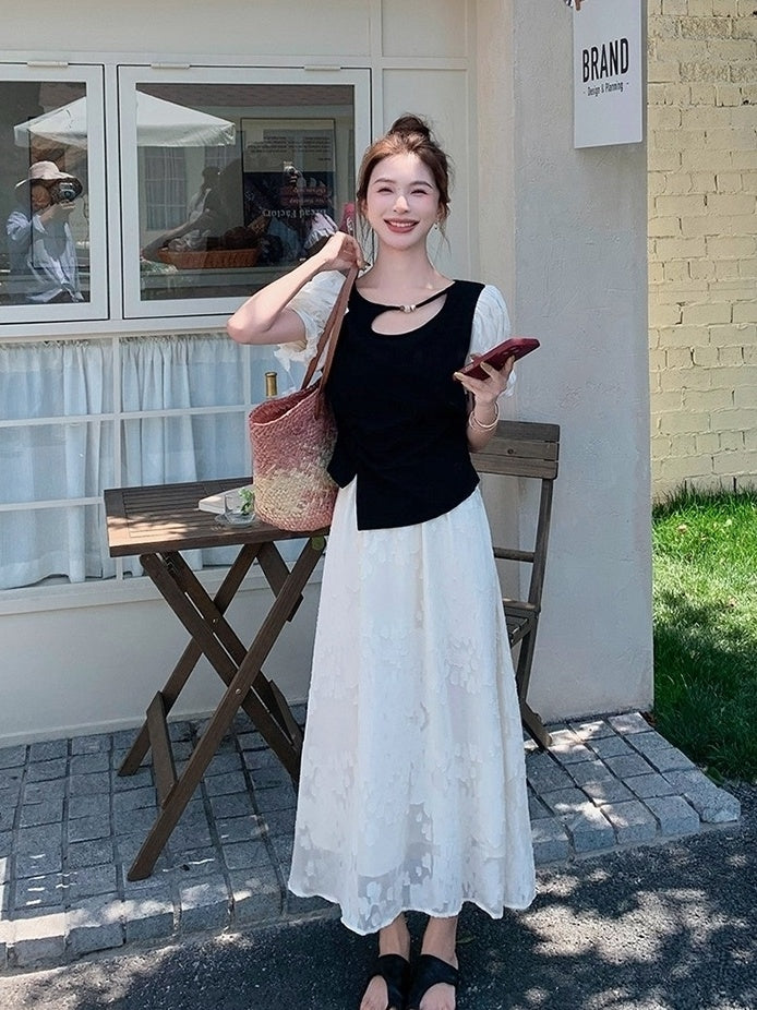 Black Lace Puff Sleeve Top And Skirt Set