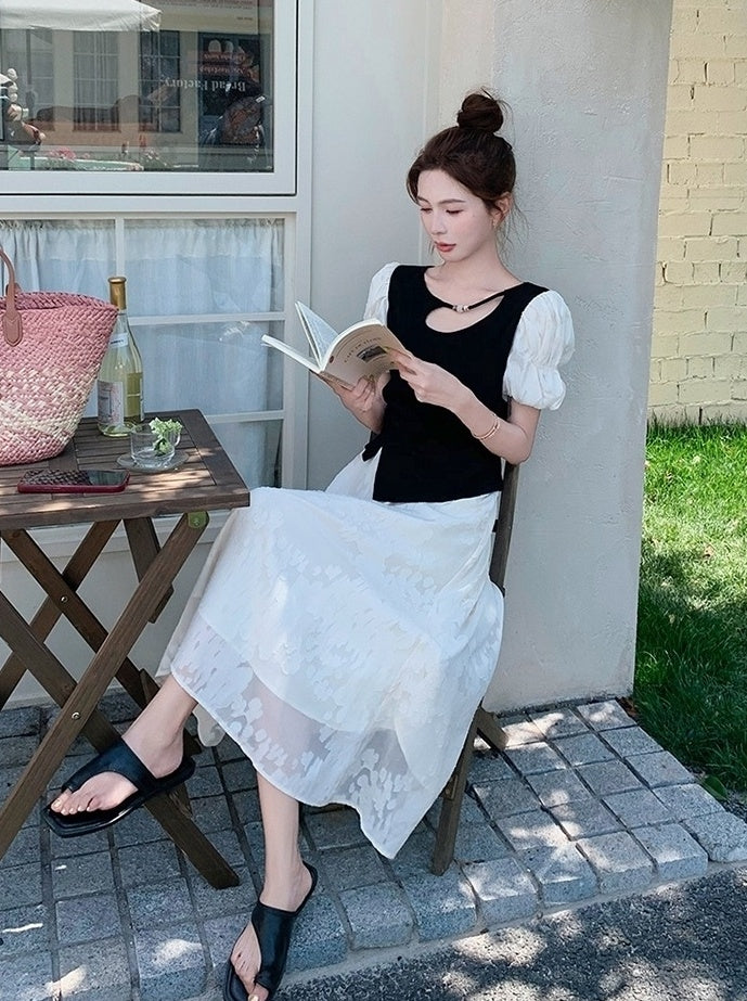 Black Lace Puff Sleeve Top And Skirt Set