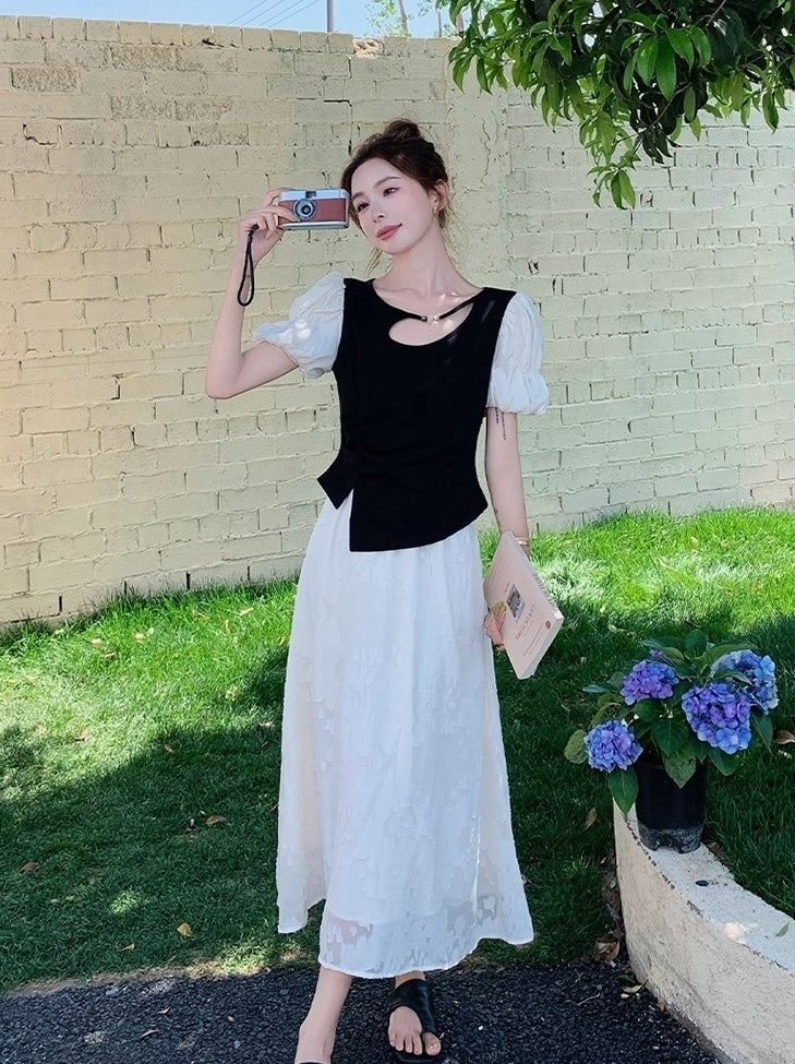 Black Lace Puff Sleeve Top And Skirt Set