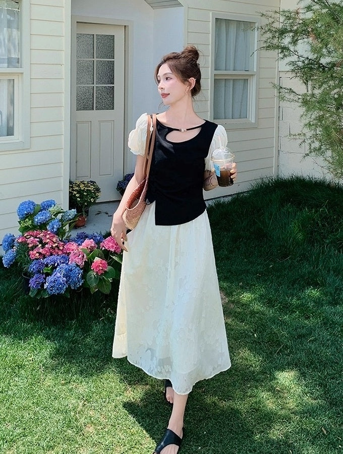 Black Lace Puff Sleeve Top And Skirt Set