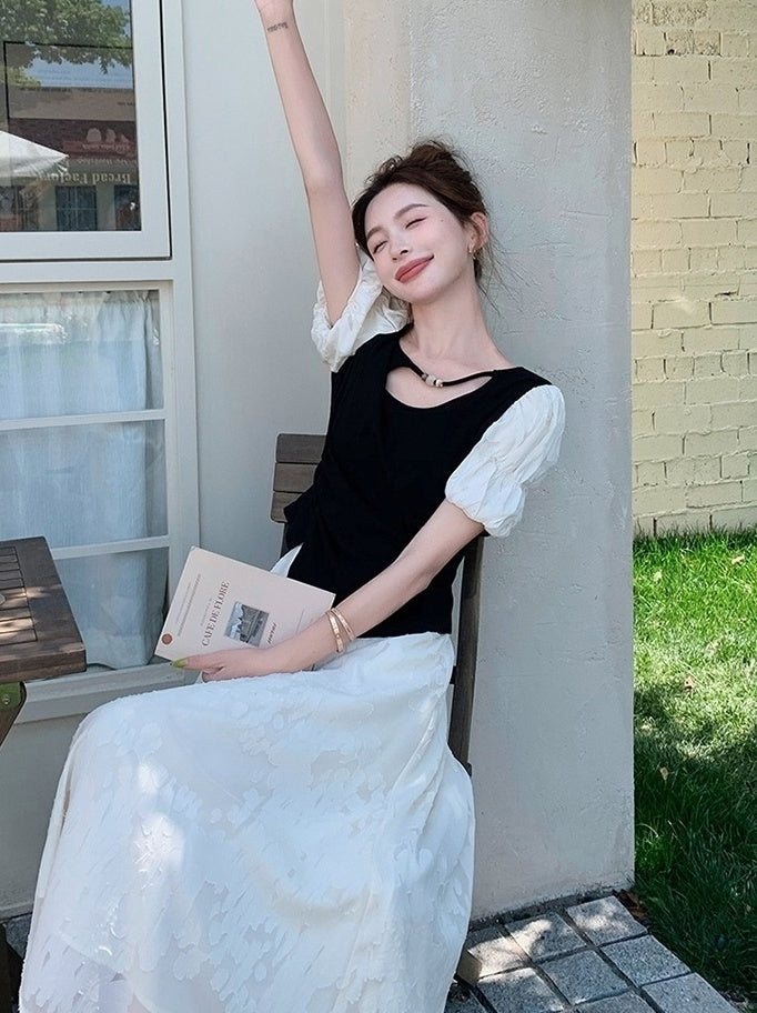 Black Lace Puff Sleeve Top And Skirt Set