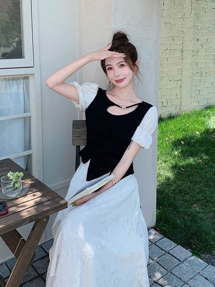 Black Lace Puff Sleeve Top And Skirt Set