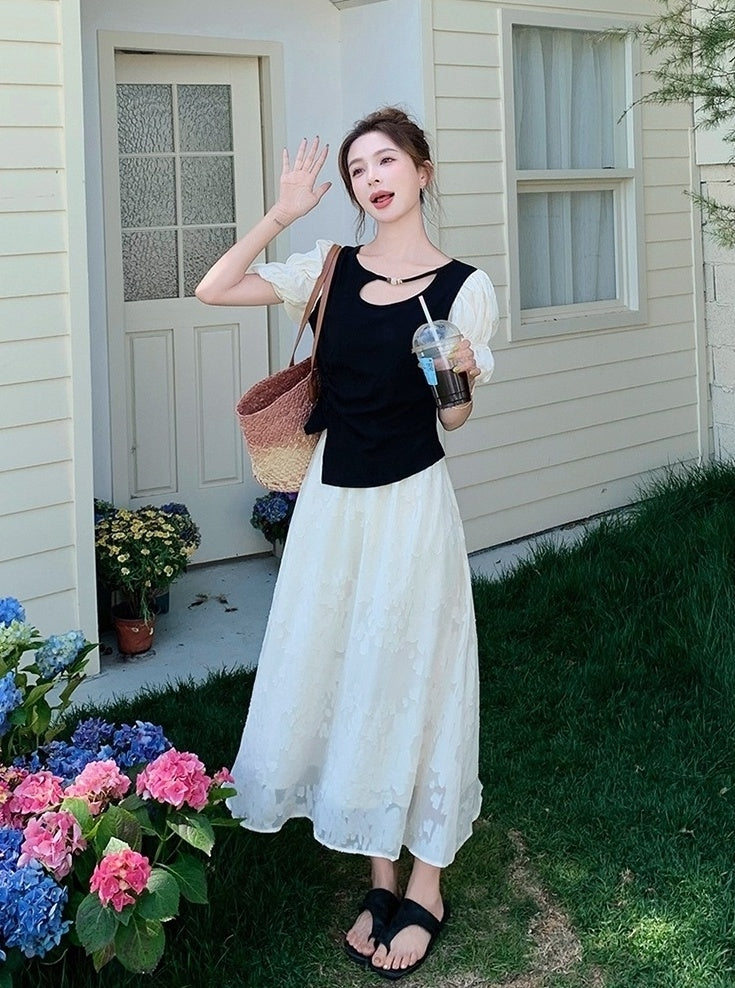 Black Lace Puff Sleeve Top And Skirt Set