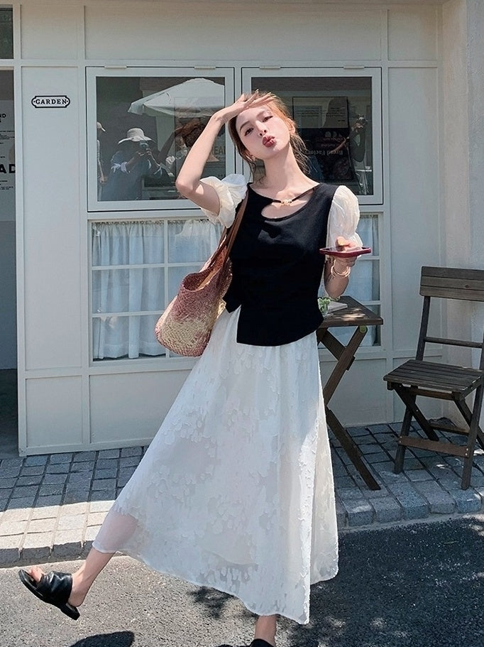 Black Lace Puff Sleeve Top And Skirt Set