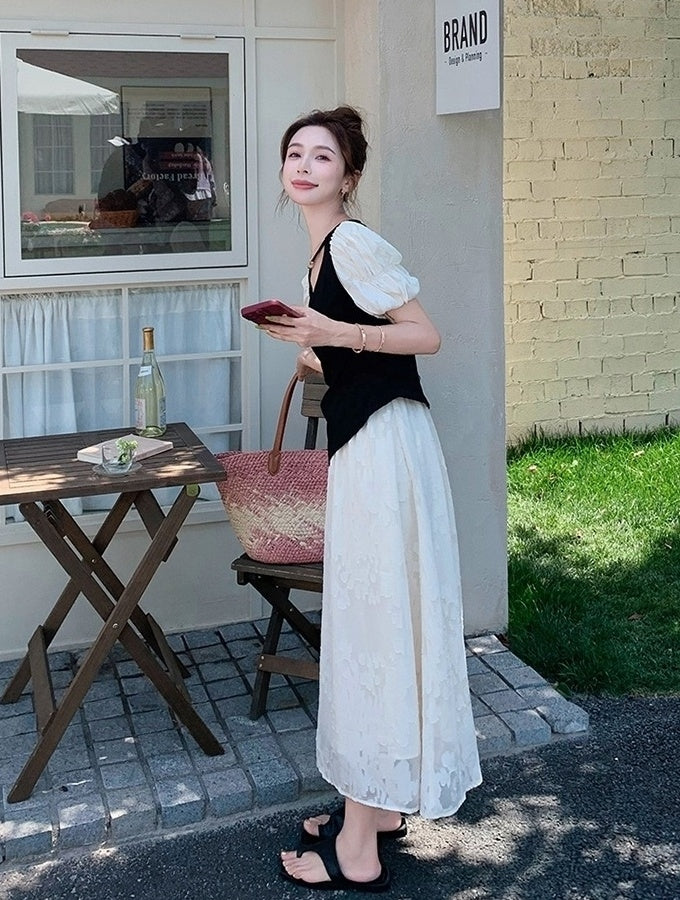 Black Lace Puff Sleeve Top And Skirt Set