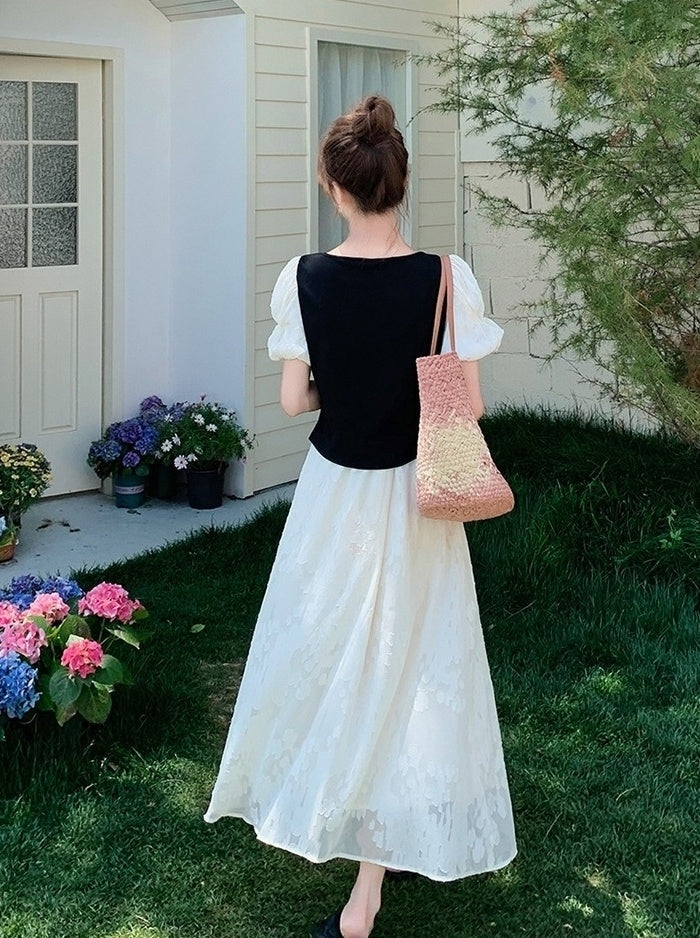 Black Lace Puff Sleeve Top And Skirt Set