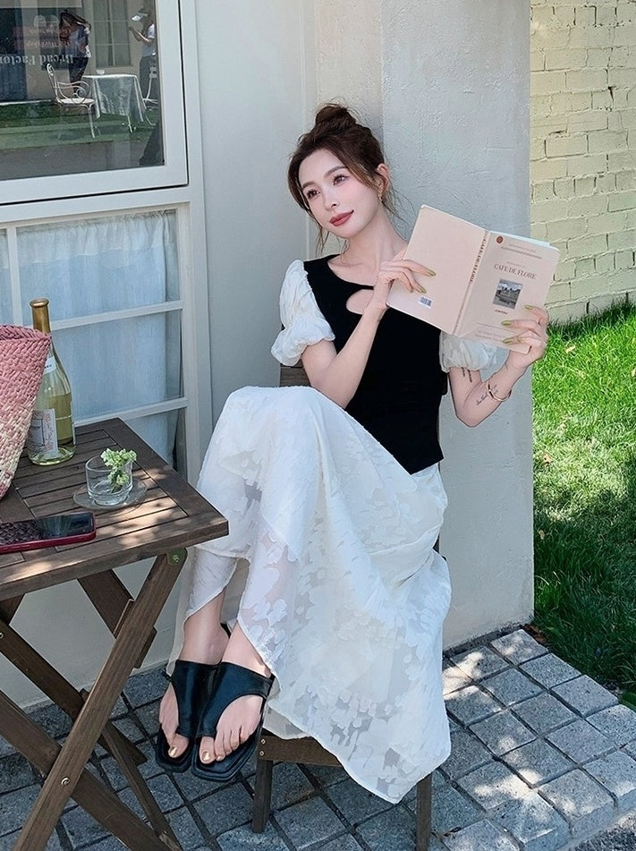 Black Lace Puff Sleeve Top And Skirt Set