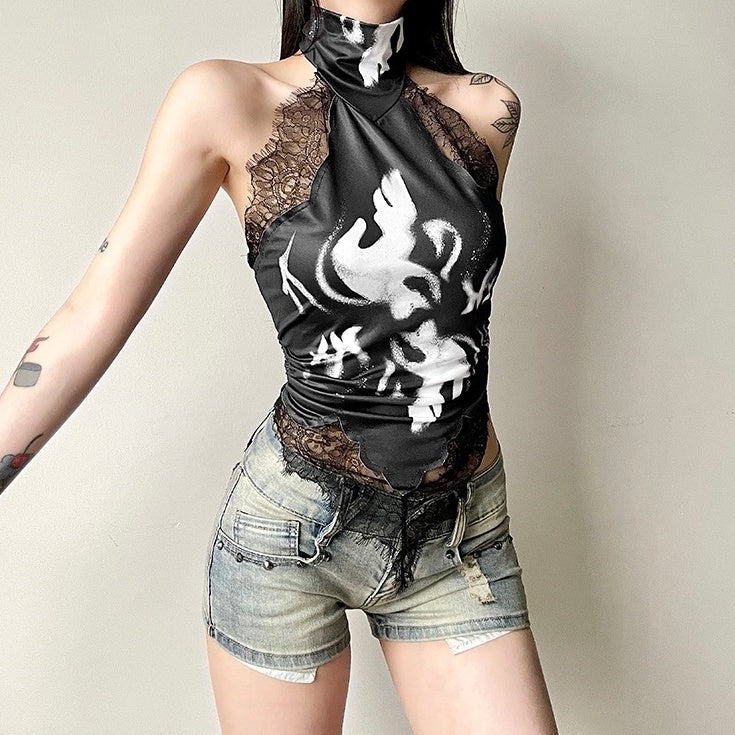 Black Lace-Trim Abstract Print Top