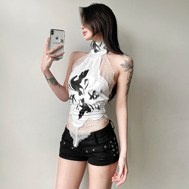 Black Lace-Trim Abstract Print Top