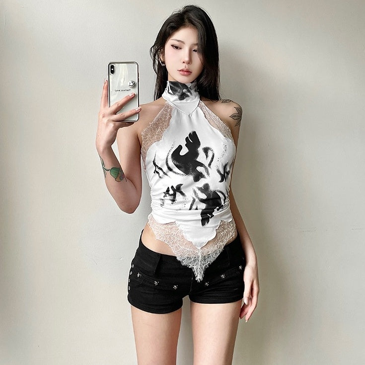 Black Lace-Trim Abstract Print Top